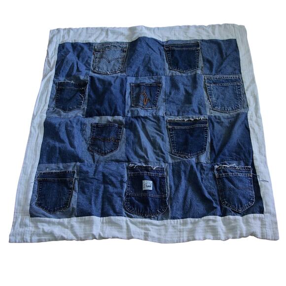 Denim up-cycled Blue Jean Patchwork Handmade Quilt lined 40 X 45 - Picture 2 of 5